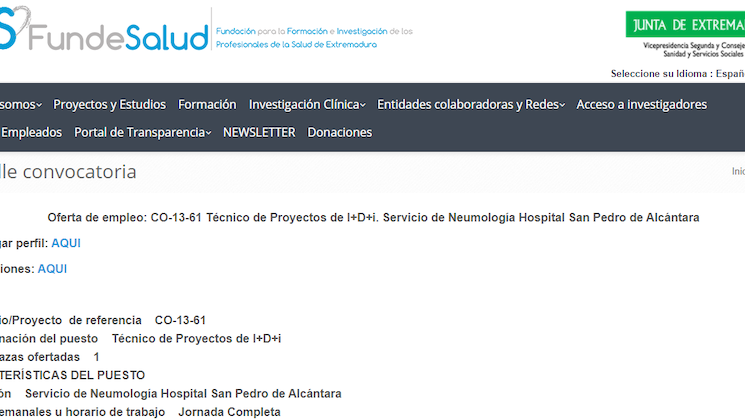  Oferta de empleo CO1361 Tcnico de Proyectos de IDi Servicio de Neumologa Hospital San Pedro de Alcntara