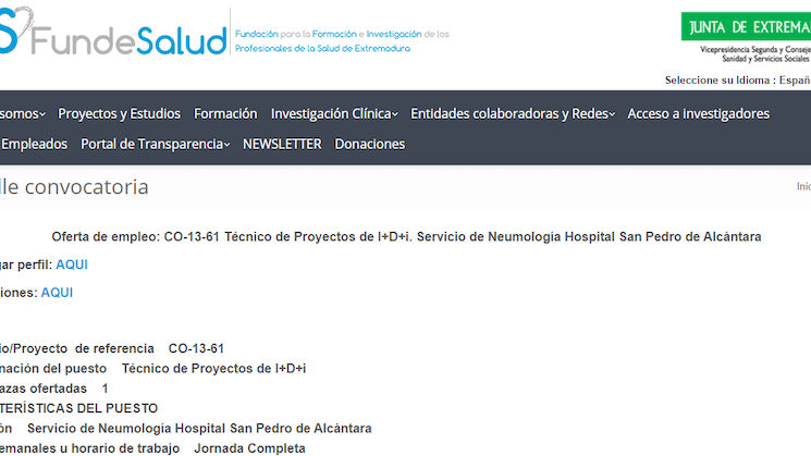 Oferta de empleo CO1361 Tcnico de Proyectos de IDi Servicio de Neumologa Hospital San Pedro de Alcntara Oferta de empleo CO1361 Tcnico de Proyectos de IDi Servicio de Neumologa Hospital San Pedro de Alcntara