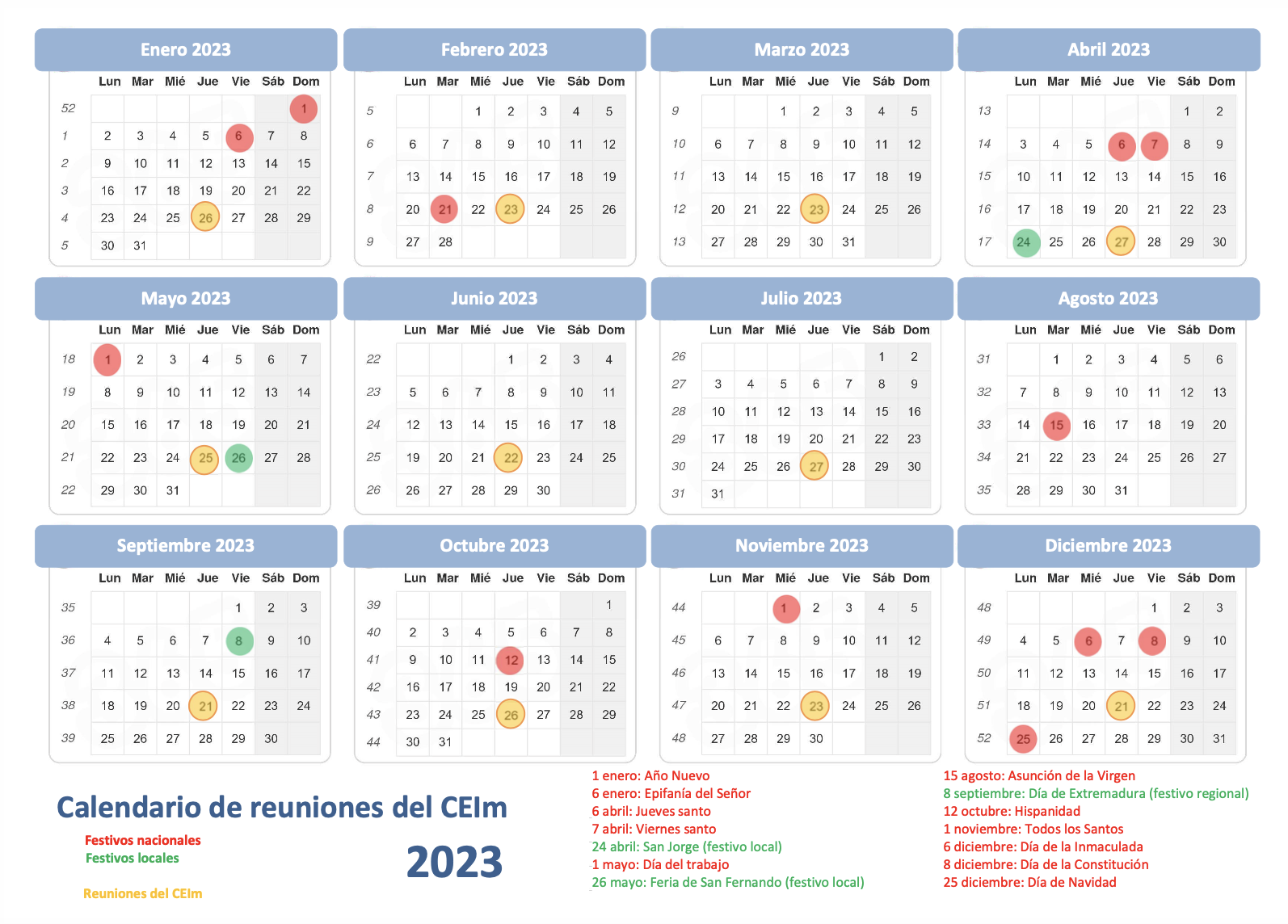 calendario de reuniones del año 2023